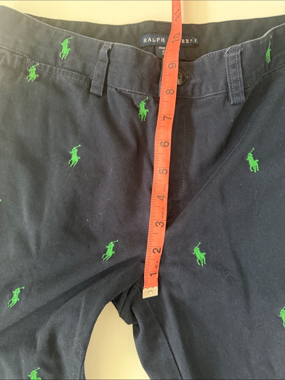 Polo Ralph Lauren Navy Chinos w/Green all over Pony Pants Size 2 - Picture 8 of 10
